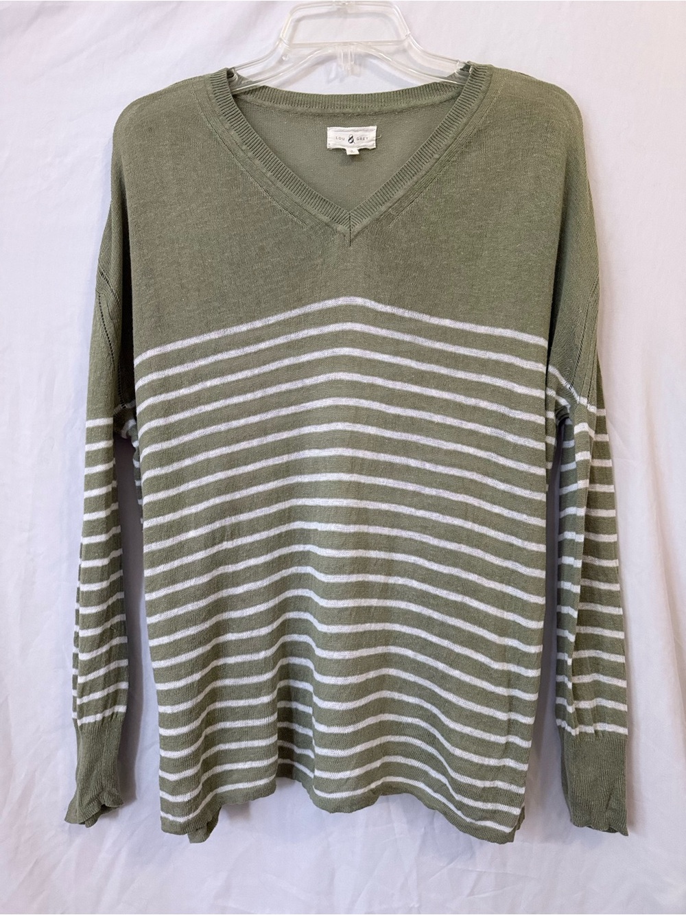 Lou & Grey Linen Blend Striped Knit Top Olive Green Size S